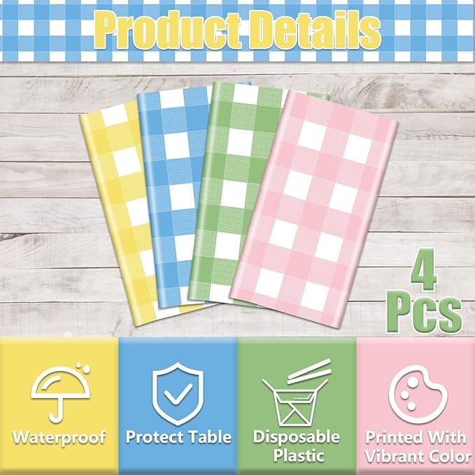 4Pcs Easter Plaid Tablecloths Plastic Disposable Rectangle Pastel Checkered Table Cover for Spring Easter Picnic Baby Shower Birthday Party Decorations, 51 x 86 Inch