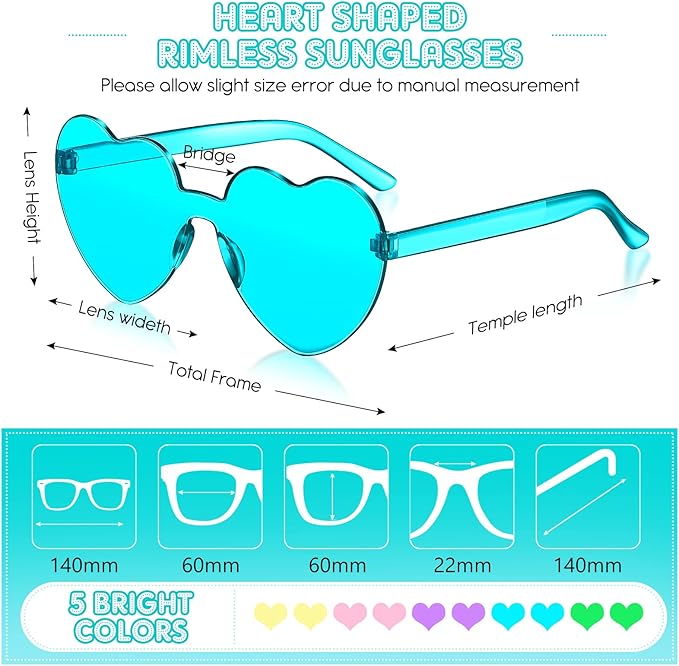 TOODOO 10 Pairs Heart Shaped Sunglasses Rainbow Sunglasses Candy Color Rimless Glasses for Women Girl Party Favor