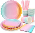 168PCS Party Plates, Scalloped Gingham Paper Plates and Cups and Napkins Sets Party Supplies for Birthday Wedding Bridal Shower Baby Shower Picnic, Serve for 24 Guests (Iridescent Scalloped)