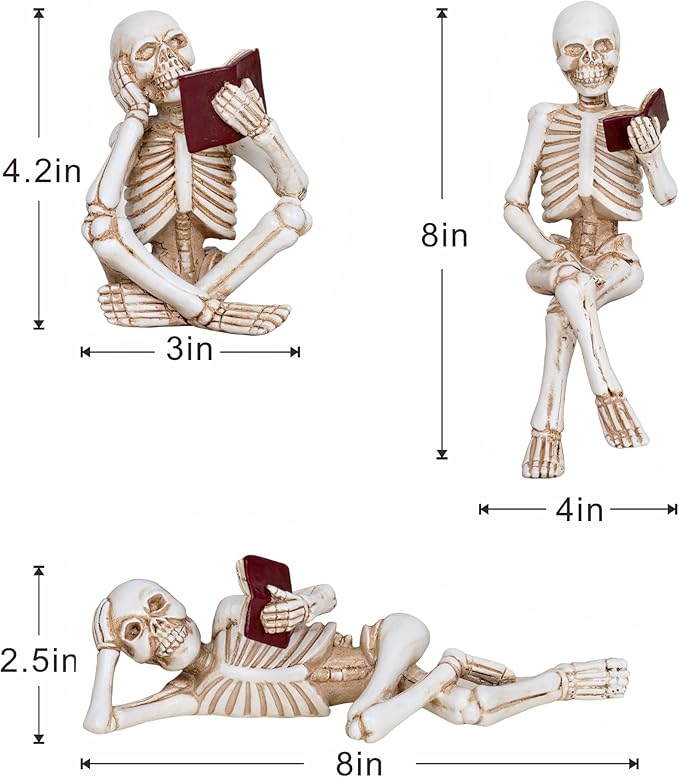 3 Piece Halloween Indoor Decor Figurines Sitting Skeleton Statue Halloween Decorations mini Reading Skull Figurine Home Decor for Living Room Table Shelf Ornament