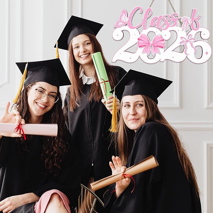 Pink Bow Class of 2026 Wood Signs Graduation Decorations 2026 Wooden Sign Congrats Grad Photo Booth Props for Graduation Party Decorations Wood Cutout College High School Party Supplies