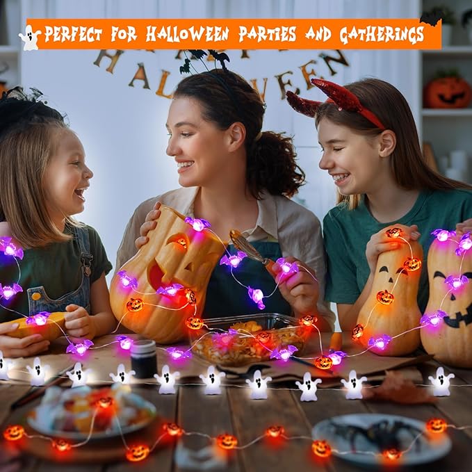 Halloween String Lights, Pumpkin Ghost Bats Mini Halloween Lights with Timer Indoor Battery Operated 9.8ft 30LED Trick or Treat Decorations for Home Decor Indoor Party Holiday