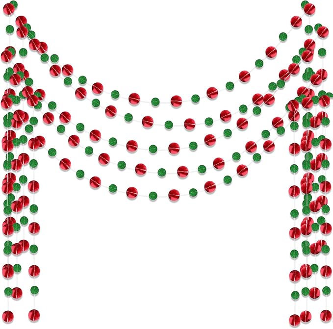Outus 5 Pieces Red Round Dots Garland Easter Graduation Party Hanging Decor Each Length 13.1ft Glitter Paper Dot Streamers for Birthday Wedding Classroom (Green)