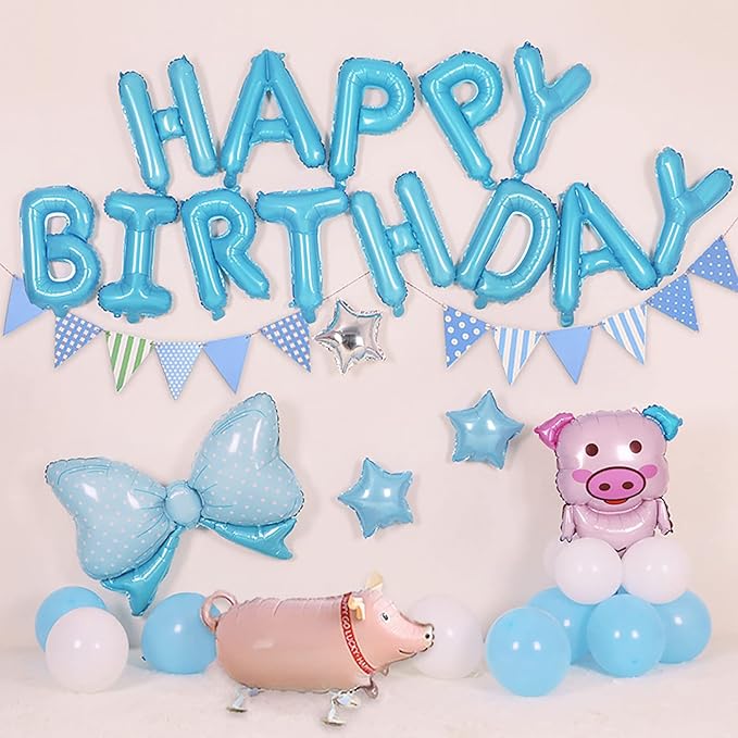 KALOR Light Blue Happy Birthday Balloons Banner, 16 Inch Mylar Foil Letters Balloon Sign for Birthday Party Decorations Photo Booth Backdrop