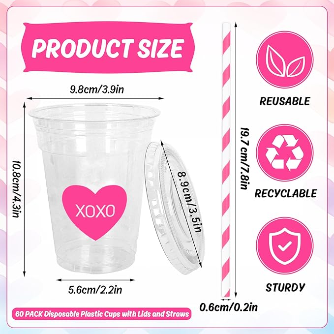 Whaline 60 Sets Valentine's Day Disposable Plastic Cups with Lids and Straws 12oz Conversation Heart Theme Party Cups Candy Heart Beverage Drinking Cup for Anniversary Wedding Birthday Dinner