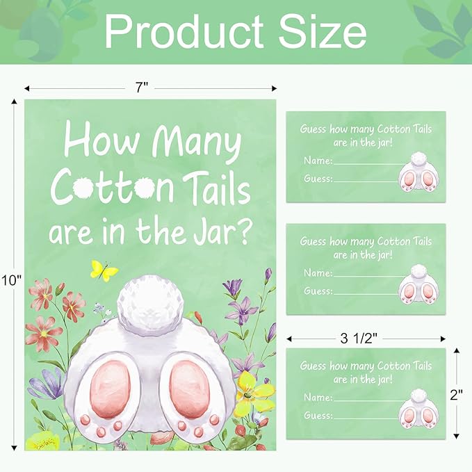 COCHIE 30 Players Easter Games for Adults family Large Groups, How Many Cotton Tails Are in the Jar Easter Party Game, Spring Games Classroom Bunny Brunch Sign with Cards (Green)