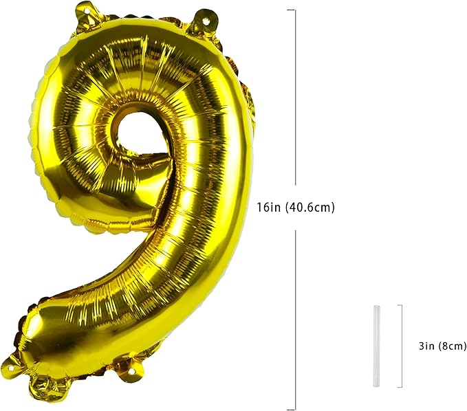 Gold Number “9”Balloons 16 Inch, Mylar Foil Custom Single Letter, Hanging, Reusable for girls boys adults Birthday,Surprise,Wedding, Celebration, Sports Party Event Decoration Supplies