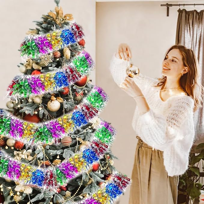 33Ft Long Tinsel Twist Garland Shiny Thick Metallic Foil Xmas Tree Decorations for Birthday Party Christmas New Year Parties Parade Floats and Other Holidays Hanging Decor Supplies-(Colours+Silver)