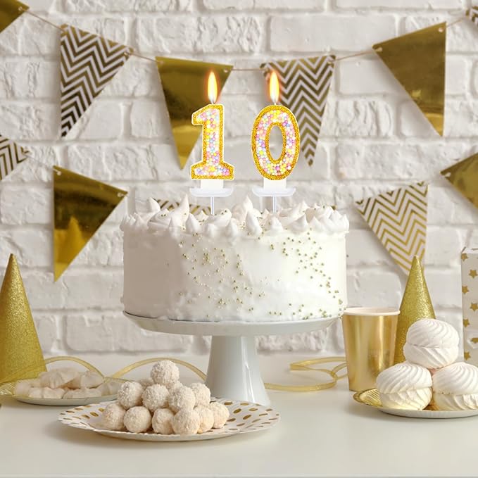 10th Birthday Candle for Cake, Colorful Macaron Numeral Candles for Boys/Girls, Birthday Party Cake Decorations, Golden Cake Topper for Birthday Party Supplies (Number 10)