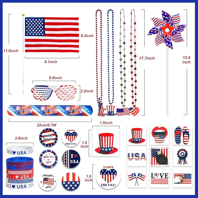 MGparty 4th of July Accessories, 138Pcs Patriotic Party Favors Supplies Set Fourth of July Decorations Independence Day Celebrations Memorial Day Decor Classroom Prizes for kids