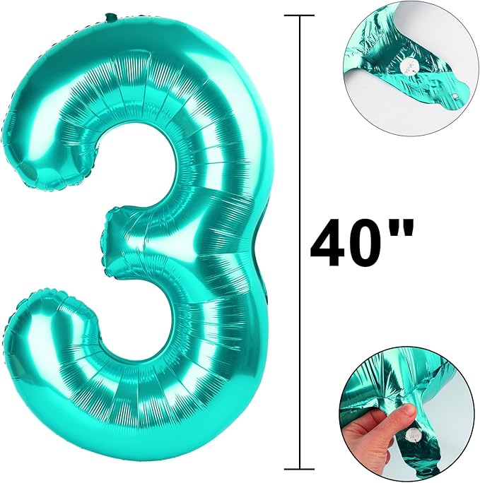 40 Inch Teal Blue Balloon Number 3 Balloon,Number Balloons Teal Big Giant Jumbo Number 3 Foil Mylar Balloons for 13th 23th Birthday Party Anniversary Events,Wedding Anniversary Party Decorations