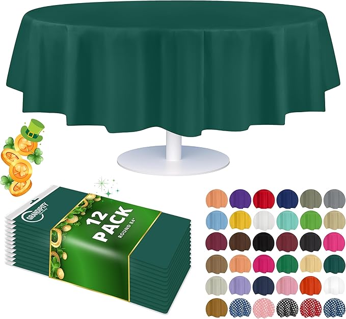 Grandipity 12 Pack Premium Disposable Plastic Tablecloth 84" Inch Decorative Round Table Cover - Dark Green