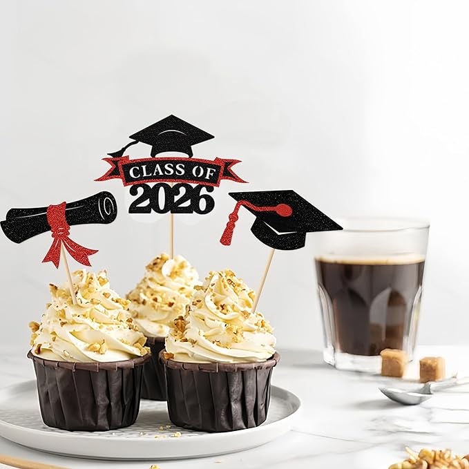 2026 Graduation Cupcake Toppers, 36 pack Red Glitter Class of 2026 Congrats Grad Diploma Graduation Cap Cupcake Picks for 2026 Graduation Party decorating Supplies