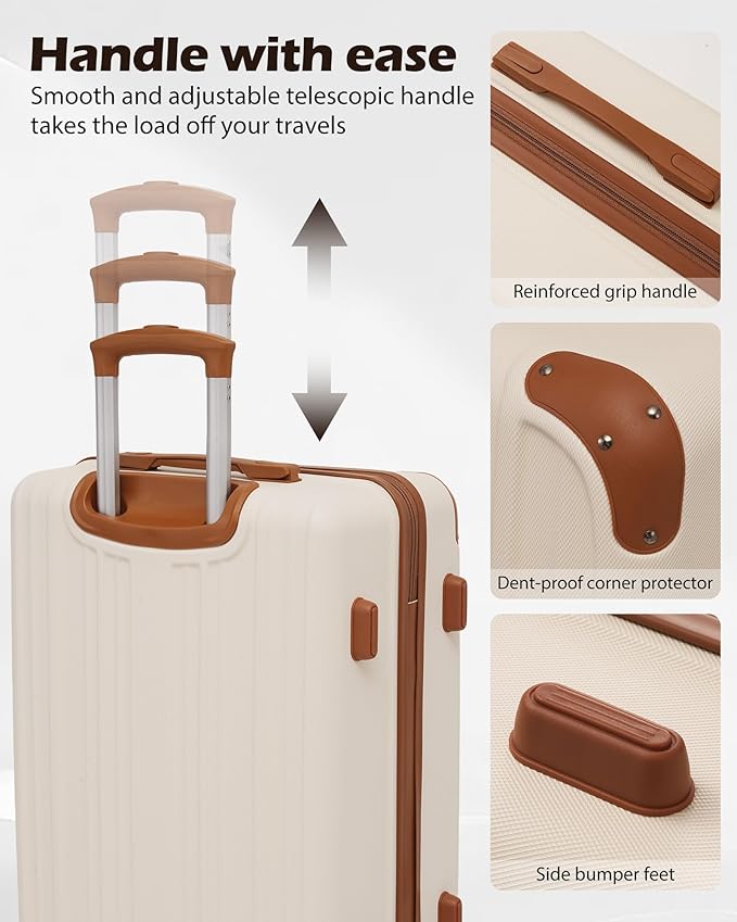 Coolife Luggage Sets, 5 Piece Durable Suitcase, Lightweight Carry on Luggage with ABS Hardshell, Dual Spinner Wheels, TSA Lock and YKK Zipper (apricot white, 5 piece set)