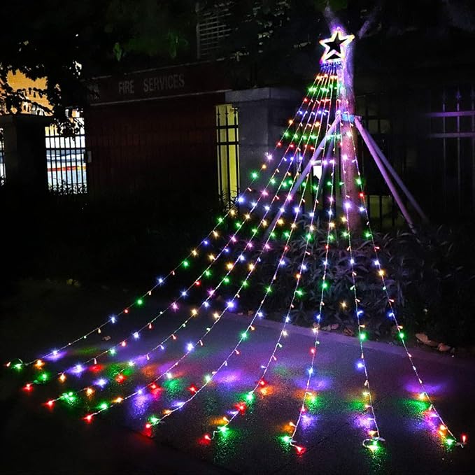 Christmas Decoration Star Lights, 320 LED 16.4Ft Outdoor Christmas Tree String Lights with Plastic Star Toppers [8 Modes& Waterproof] for Christmas New Year Holiday Birthday Decor (Multicolor)