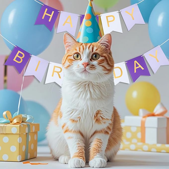 Purple Happy birthday banner - Hanging Backdrop Sign with Gold Letters, Happy Birthday Sign Bunting Decorations for Women men Kids Baby Shower Party Supplies (13pcs)