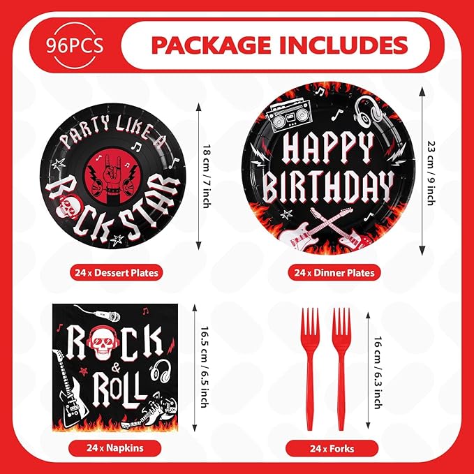 96 Pcs Rock and Roll Birthday Party Decorations Guitar Music Rock Plates and Napkins Tableware Favors for Men Boys Musical Rock N Roll Birthday Party Baby Shower Party Supplies, Serves 24