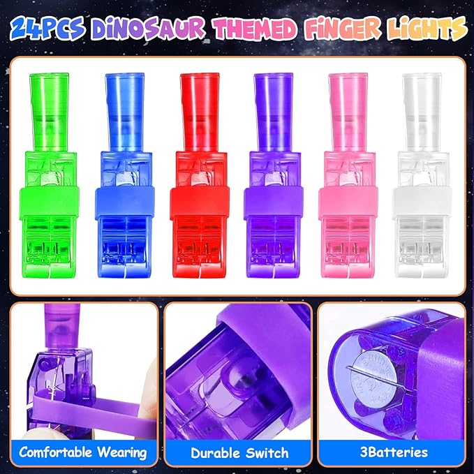 24PCS Party Favors LED Finger Lights, Glow in the Dark Light Up Toys Gifts Bulk for Kids Boy Girl Birthday Goodie Bags Stuffers Party Decorations Back to School Party Classroom Prizes (dinosaur)