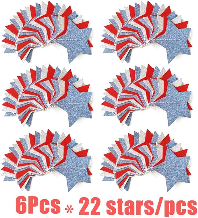 6 Pack Patriotic Star Streamers Garland Red White Blue Bunting Banner Paper Hanging Decorations for 4th of July American Independence Day Labor Day Holiday Memorial Day Party Supplies (50 Feet)