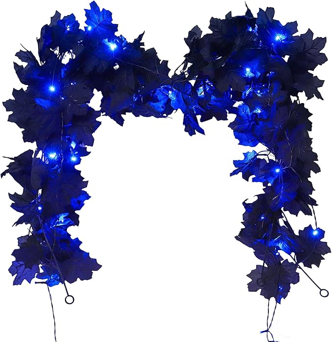 Halloween Garland Decor Indoor Table Decorations Fall Wall Hanging Artificial Black Maple Leaf Vine Decorations for Home (2 Pcs Blue Light, Set with Light)
