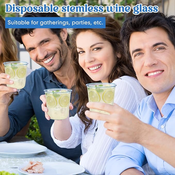 100 Pcs Disposable Stemless Glasses 12oz Crystal Plastic Wine Glasses Clear Classic Pet Cup for Meeting Weddings Birthdays Cocktail Christmas Party Supplies (Light Blue)