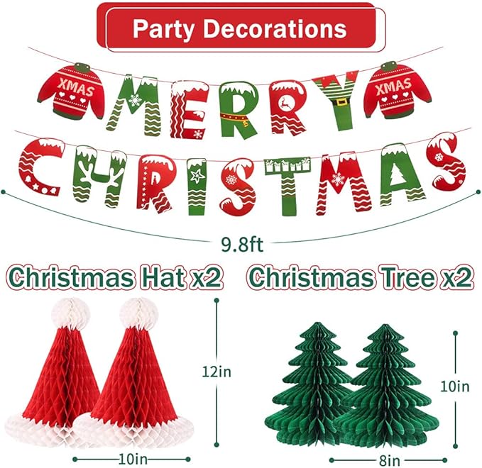 Christmas Party Decorations, Merry Christmas Banner Honeycomb Santa Hats Trees Hanging Snowflakes Paper Fans for Xmas Party Eve Holiday Home Decor