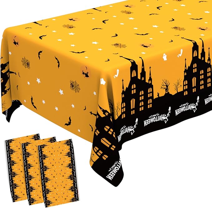 Halloween Tablecloth Halloween Decorations, 3 PCS Disposable Plastic Tablecloth Castle Bats Spider Web Rectangular Table Cover for Halloweens Party Favors Supplies Indoor Tables Decor 108 x 54 Inch
