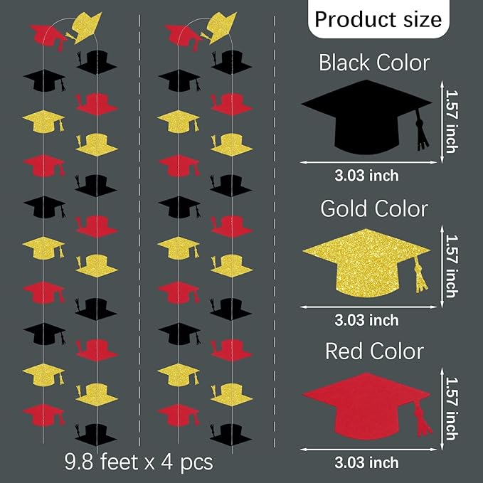 Red and Black Gold Graduation Garland Graduation Party Decorations Class of 2026 Grad Cap Garland Banner Streamers for Grad Party Hanging Decorations 39Feet