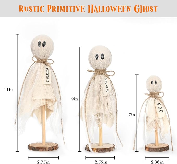 DAZONGE Halloween Decorations Indoor - Set of 3 Primitive Halloween Ghosts on Wooden Stand for Table Centerpieces, Shelves, and Mantels