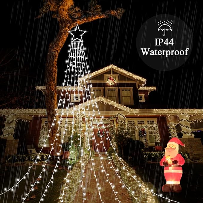 FUNIAO Outdoor Christmas Star Lights 320 LED Waterfall Christmas Tree Lights 8 Lighting Modes Outdoor Christmas Decorations Star String Lights for Outside Tree Wall Yard Xmas Wedding Party (White)