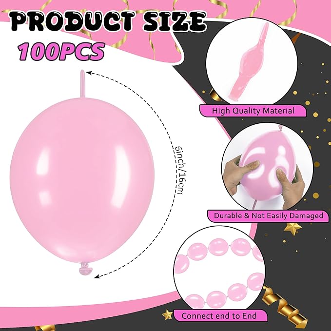 Link Balloons 6 Inch - 100 Pcs Quick Link Balloon Latex Linking Balloons Connected Linkable Balloon Birthday Wedding Party Decorations(Baby Pink)