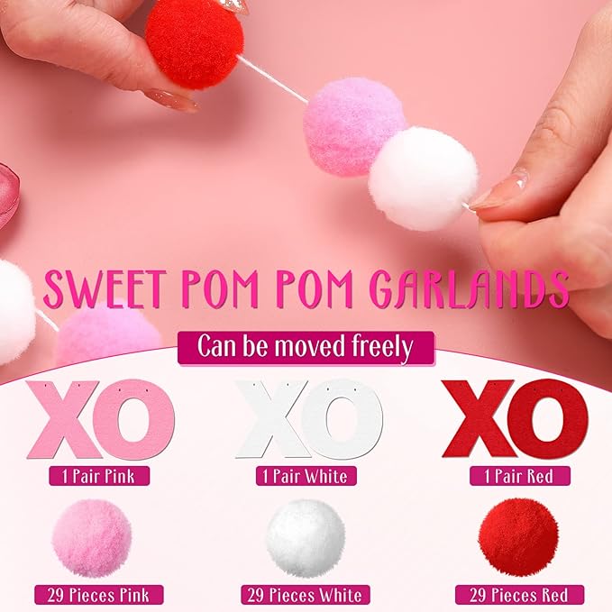 Breling 3 Pieces Valentine's Day Garland Felt Ball Garland, 10ft Pompom Valentines Decorations Banner for Mantle Fireplace Room Valentine Hanging Decor (Pink, XOXO)