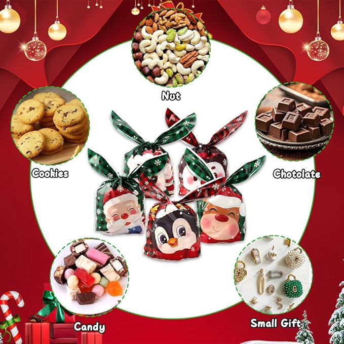 Christmas Treat Goodie Bags, 100 Pcs Xmas Plastic Cellophane Candy Cookie Snack Rabbit Ears Gift Bag, Plastic Goody Present Wrapping Bag for Christmas Holiday Event Party Favors Decoration (5 Designs)