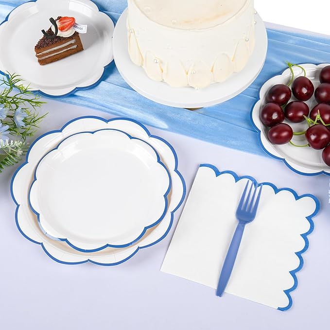 96 Pcs Blue and White Paper Plates and Napkins Set, Tableware set for 24 Guest include White Dessert Plates with Blue Scalloped Edge, Napkins and Forks for Baby Boy Shower, Bridal Shower, Wedding
