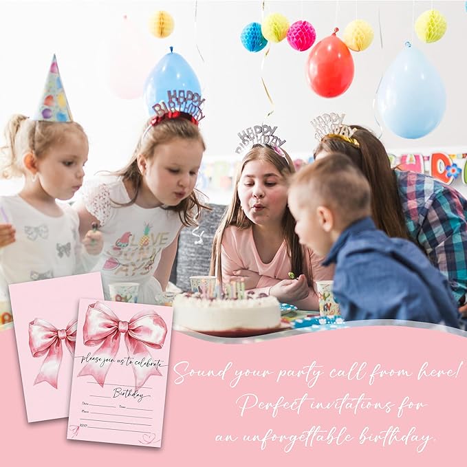 Watercolor Pink Bow Birthday Party Invitations - 20-Pack of 4''x6'' Invite Cards with Envelopes, Double-Sided Fill In Birthday Party Celebrate Supplies & Decoration For Girls Women Teens - A01