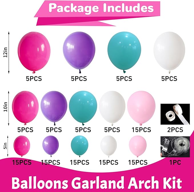 Pink Purple Balloon Arch Kit 130 Pcs Blue Purple Pink Party Balloons Garland Pastel Hot Pink Teal Purple White Latex Balloon for Girls Mermaid Birthday Baby Shower Wedding Party Decorations