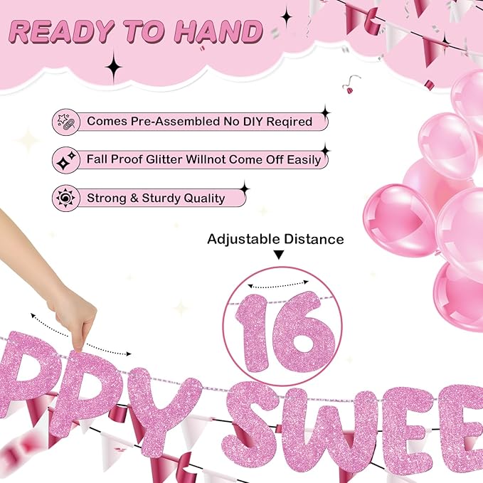 Fulmoon Pre Strung Happy Sweet 16 Banner Glitter Sixteenth Birthday Party Decorations 16th Party Sign Sweet 16 Party Decorations for Birthday Party Bachelorette Party(Pink)