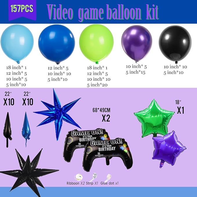 Video game Themed blue and green chrome purple balloon garland arch kit 140+pcs with handle star mylar balloon for Video game Themed Birthday party decorations
