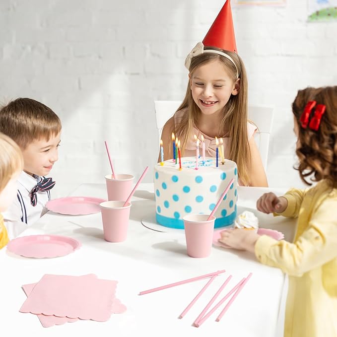 168PCS Party Plates, Scalloped Gingham Paper Plates and Cups and Napkins Sets Party Supplies for Birthday Wedding Bridal Shower Baby Shower Picnic, Serve for 24 Guests (Pink Scalloped)