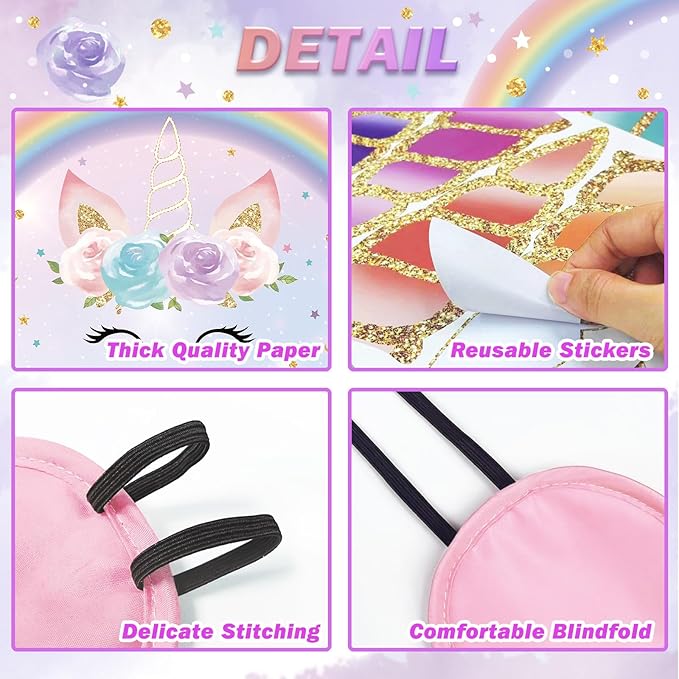 Pin The Horn on The Unicorns Party Game with 24 PCS Horn and Eye Mask for Kids Girls Birthday 21'' x 28'' (Unicorns)