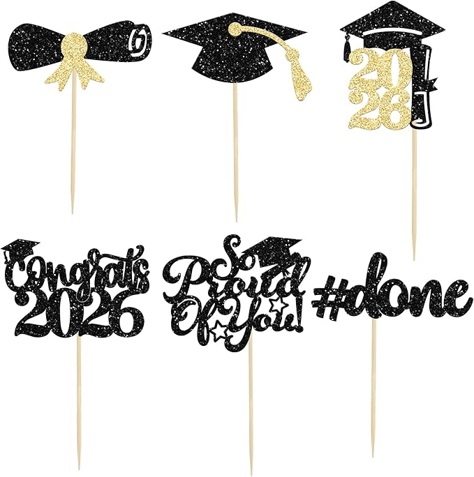 Gyufise 24Pcs Black Glitter 2026 Graduation Cupcake Toppers Glitter Congrats Class of 2026 Diploma Done Grad Cap Cupcake Picks So Proud of you Cake Decorations for 2026 Graduation Theme Party Supplies