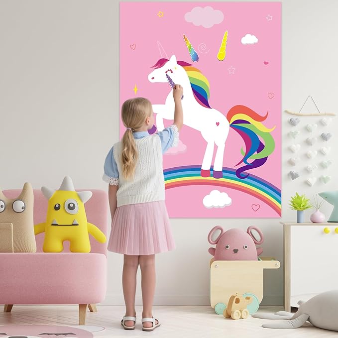 PLULON Pin The Horn On The Unicorn for Kids Birthday Party Game, Unicorn Party Supplies Favors Girls Birthday Decorations Poster Home Family Wall Decorations for Girl Boy Classroom Activities