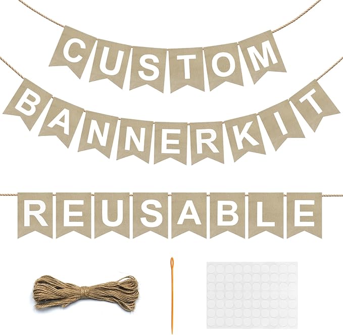 Reusable DIY Custom Banner Kit, 28 Burlap Flags, 87 Cardstock Letters/Numbers, 210 Double-Sided Adhesive Dots, Personalized Party Banner for Birthday, Baby Shower, Wedding, Graduation