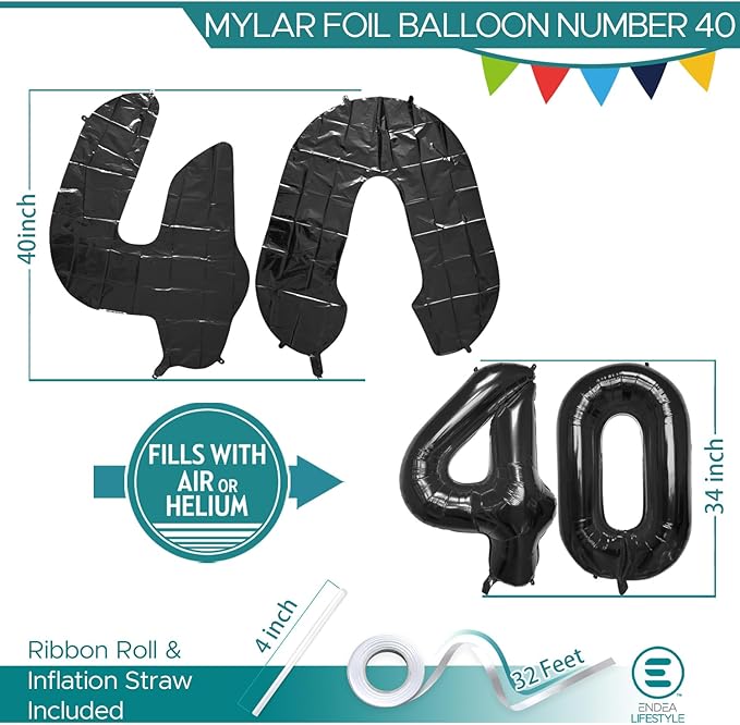 40 Inch Large Black Number Celebration and Decoration Balloon for Birthday Parties, Graduations, Anniversaries, Weddings, Photo Shoots, Special Events - Helium Foil Mylar (Black Number 40)