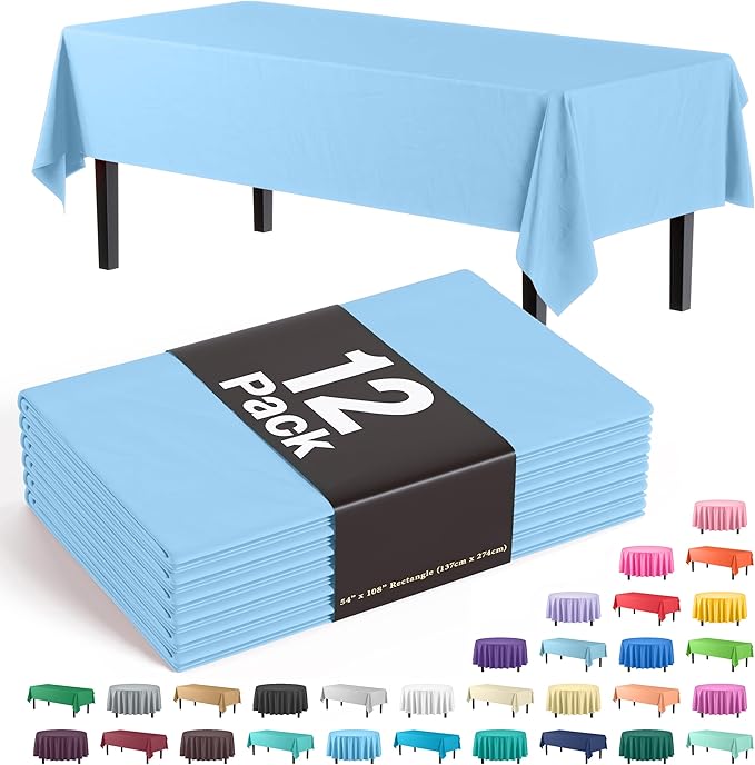 Exquisite 12-Pack Premium Plastic Tablecloth 54in. x 108in. Rectangle - Light Blue