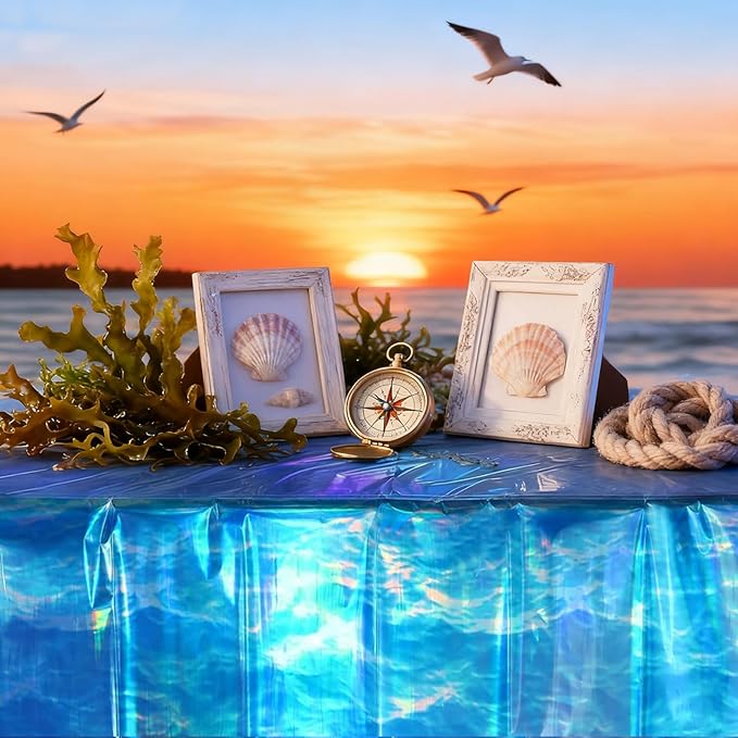 3-Pack Iridescent Wave Pattern Tablecloths, Holographic Shimmering Ocean Blue Disposable Tablecloths, 54 Inches x 108 Inches, Perfect for Summer Beaches, Birthdays, and Pool Party Decorations