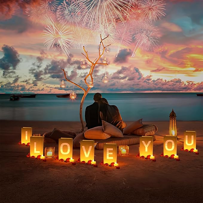 I Love You Light Up Letters, with Tea Lights Candles, Rose Petals, Pearlescent Foil Balloons - Luminary Paper Bags, Anniversary Decorations and Valentines' Day Decorations for Your Loved One