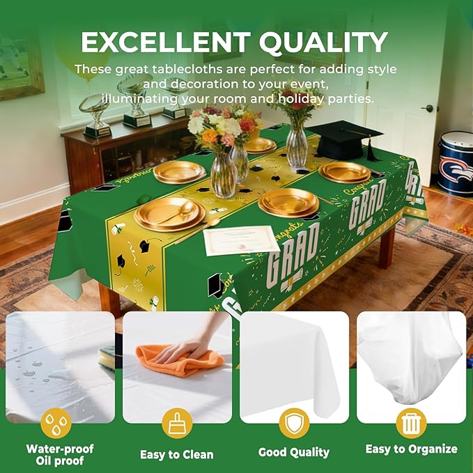 6 Pack Disposable Plastic Tablecloth 54" x 108" Green Class of 2026 Grad Party Table Cloths Disposable for 6 to 8 Foot Tables Graduation Party Indoor or Outdoor (Graduation Green)