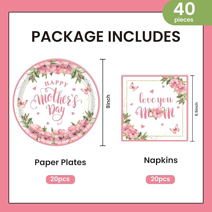 40pcs Mother's Day Paper Plates and Napkins Party Supplies, Disposable Mothers Day Party Plates and Napkins Flowers Theme Tableware Set for Birthday Mother's Day Decorations (Mothers Day)