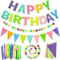 Happy Birthday Banner Decorations - Pre-Strung 3D Felt HAPPY BIRTHDAY Sign for Party Decor | Rainbow Reusable Happy Birthday Garland, Ball, Pennant Flag (2-Macaron)